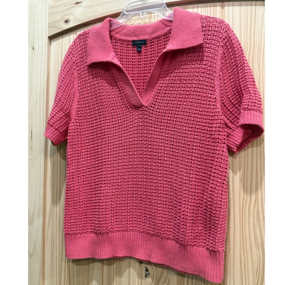 Talbots Womens Pink Open Stitch Knit Polo Sweater V-Neck Short Sleeve JO5161 L